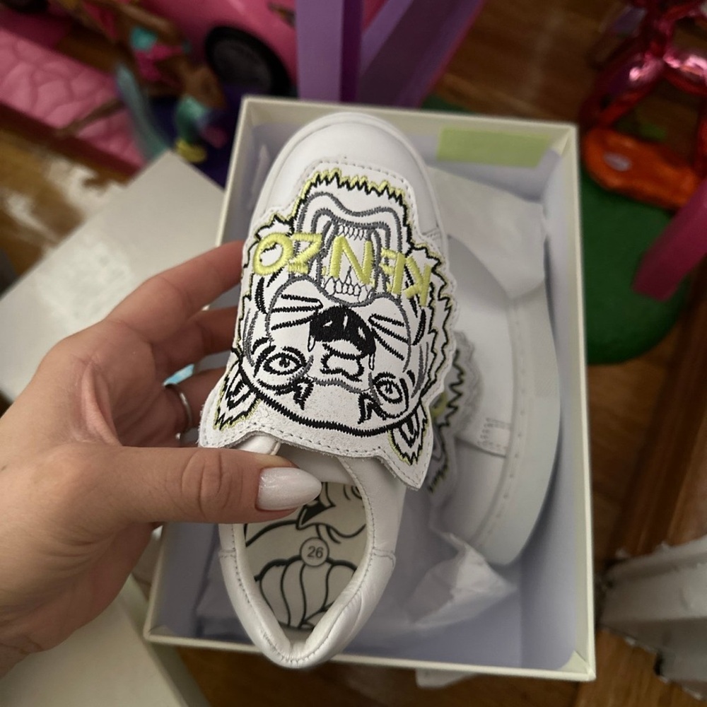 Kenzo White Kids Slip-On Sneakers with Yellow & Black Tiger Patch